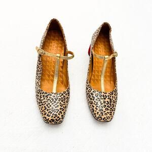 Chie Mihara Leopard Print T-Strap Pumps with Gold Trim